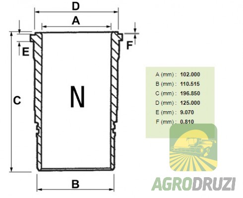 Гільза готова Sonne (ущільнення на гільзі) d=102mm двигун JD 3164D, 4219D)