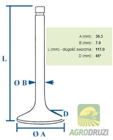 Клапан випускний Bepco двигун Perkins 4.99, 4.107 3639239M1