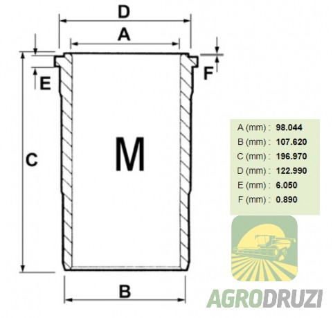 Гільза готова Bepco d=98mm двигун John Deere 4202D (ущільнення в блоці) T32340